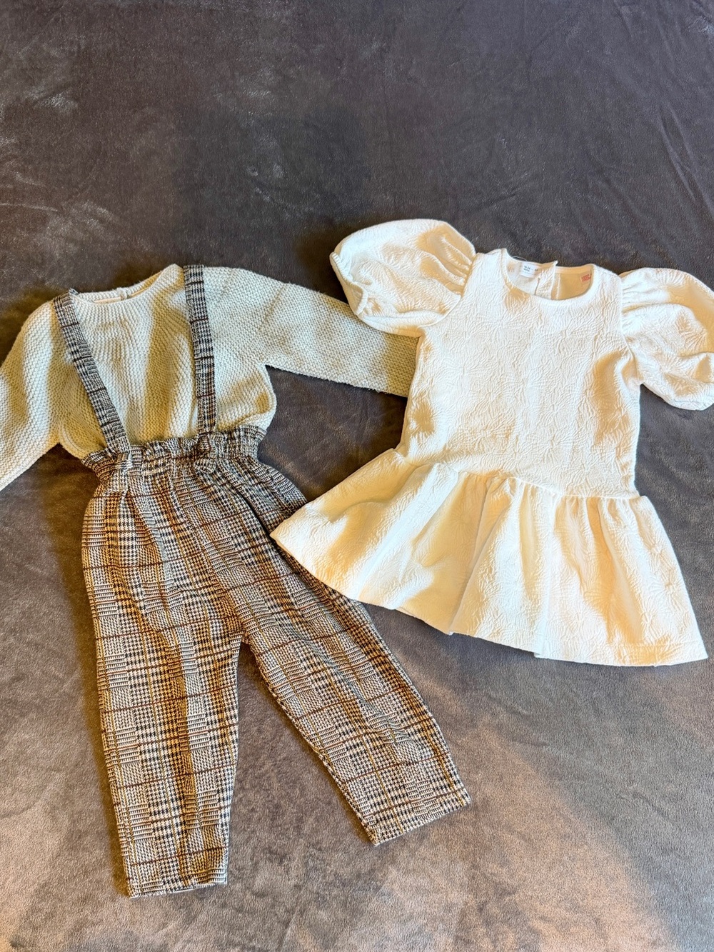 Zara Baby Neutral Fall Outfit Bundle: Textured Dress & Knit Sweater Set Sz 18-24